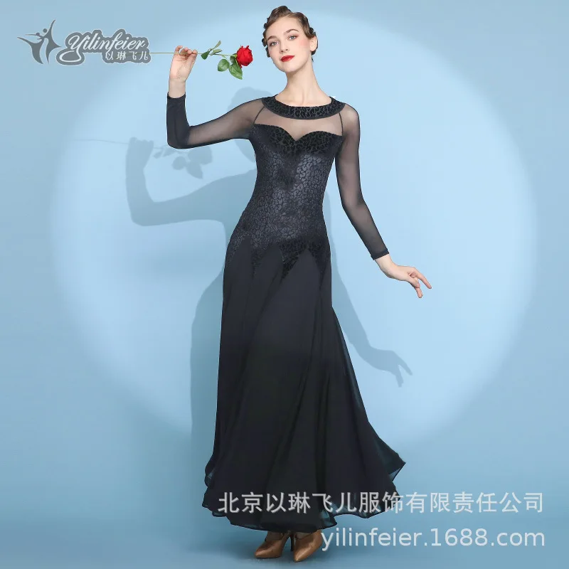 Ylf038 High-end High Quality Pearl Silk Ballroom Latin Dance Dress Custom  Black Competition Ballroom Dresses for Girls