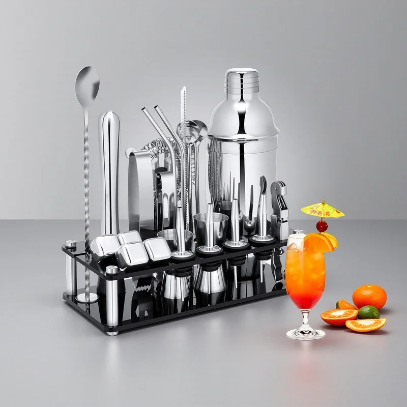 Factory Bamboo Stand Premium Classic Eco-Friendly Bar Tool Kit 23-Piece Weighted Boston Cocktail Shaker Set Stainless Steel with Custom Logo