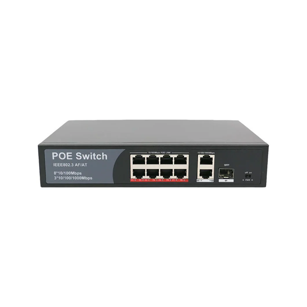8 Port POE 交换机 802.3af/at Ethernet 8*100Mbps+2*1000Mbps Uplink RJ45+1*SFP Rack Gigabit Network 48V 120W 2