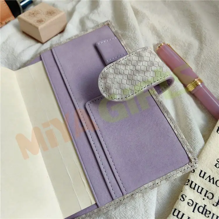 Custom Pu Leather Journal Binding Notebook Planner Cover for Hobonichi Techo A5 A6 B6  Lilac With Pockets Credit Card Slot
