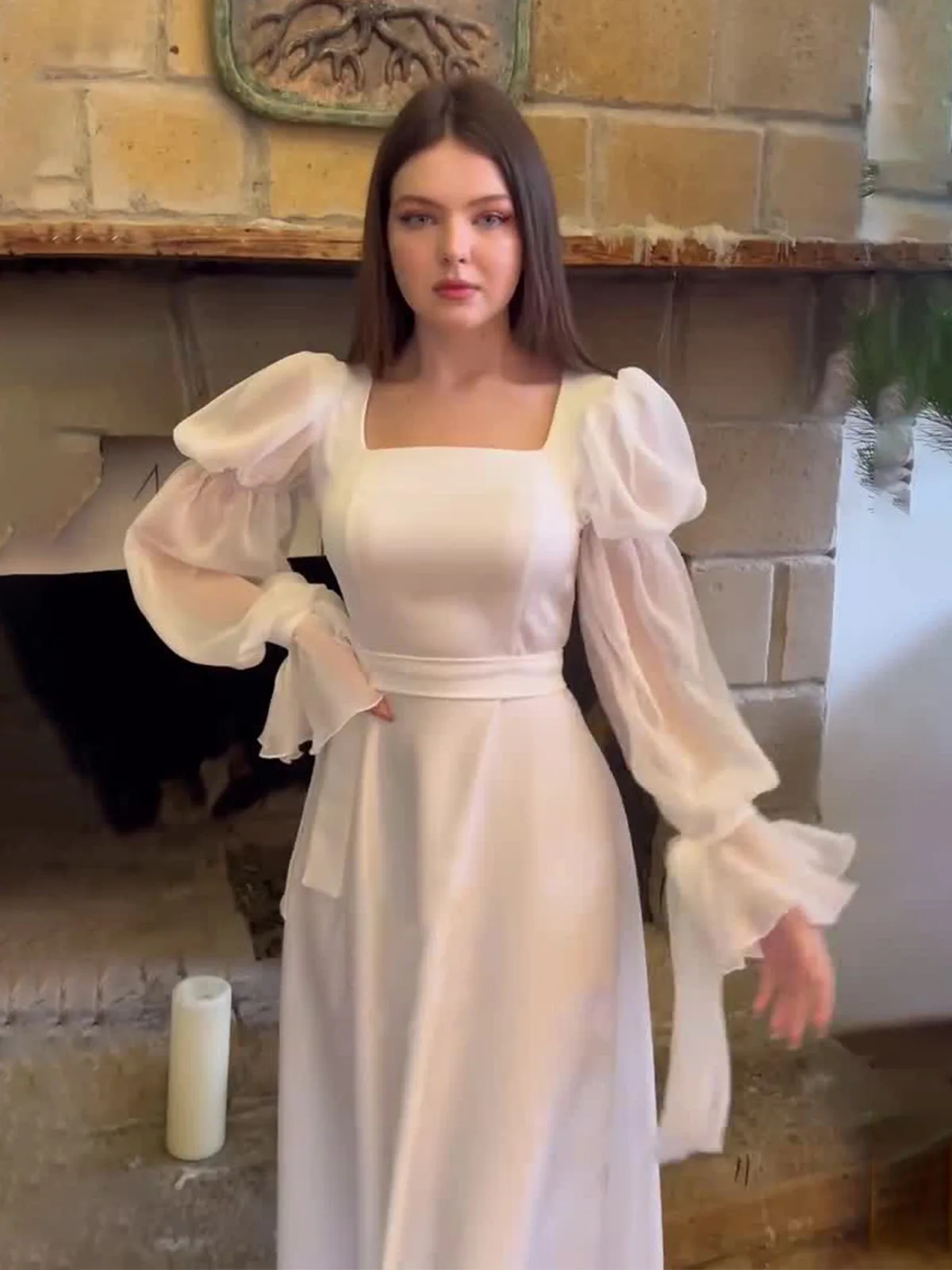 Spring 2025 French Style Sweet Holiday Dress White Square Collar Puff Sleeve Long Dresses Women Elegant Prom Party Dress Casual