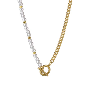 New Fashion Adjustable Asymmetric Ot Clasp Sweater Pearl Chain Stainless Steel Necklace Women Elegant Pendant Necklace