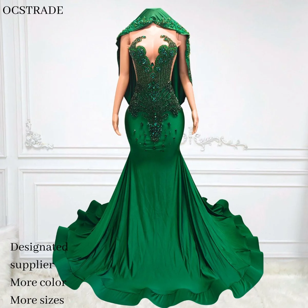 Ocstrade Women Birthday Party Dress With Headscarf Emerald Green Rhinestone Crystal Maxi Evening Prom Dresses 2025 Ball Gown