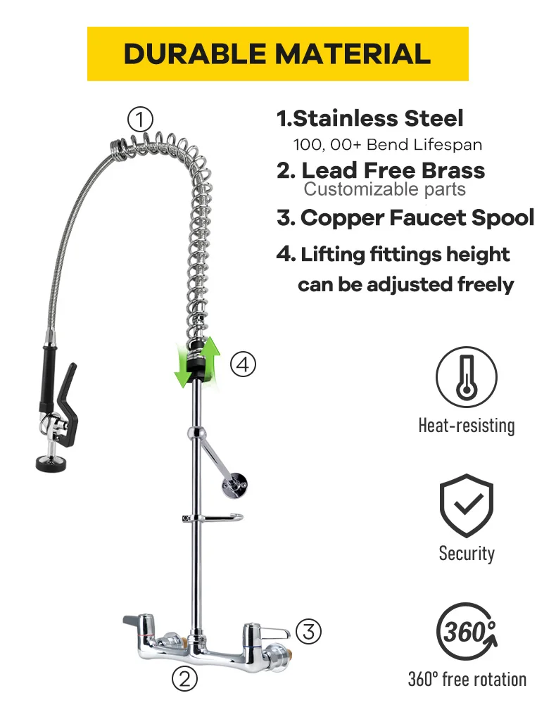Wall Mounted Commercial Kitchen Faucet Classic Flexible Dual Handle Stainless Steel Chrome EasyInstall Pre-Rinse Brass Valve factory