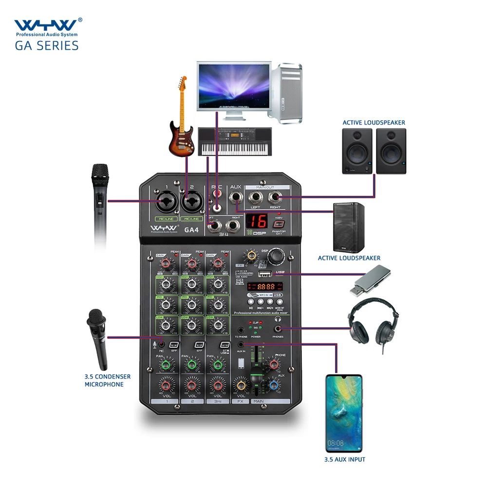 Professional 4 Channels Recording Mixer Audio Interface