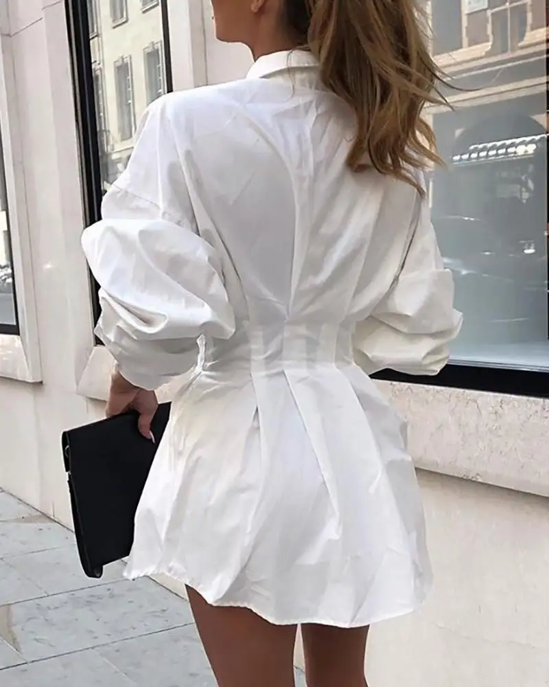 2021 Spring New Designs Women Button Down Dress Long Sleeve White Shirt Dress