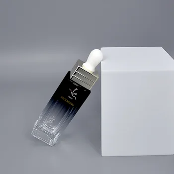 Cosmetic Packaging Transparent Square Essential Oil Bottle Skin Care Essential Oil Serum Black Square Glass Dropper Bottle