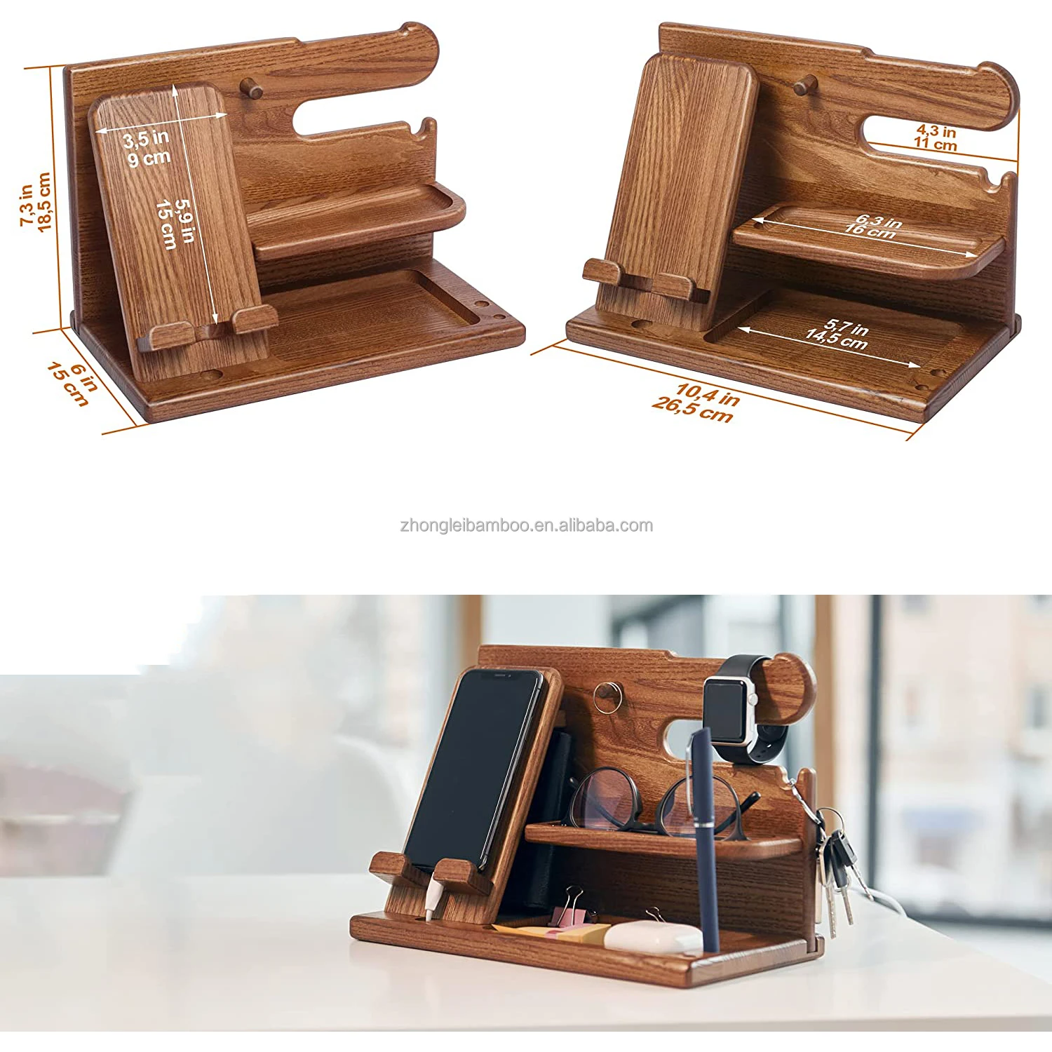 Wood Phone Docking Station Key Holder Wallet Stand Watch Organizer Men ...