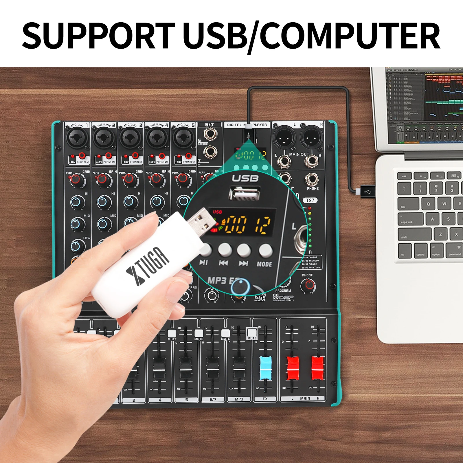 XTUGA TS7 Audio Mixer - 7 Channels with Customizable DSP