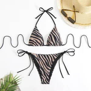 Stripes Print Triangle Bikini Set for Women Halter Neck Tie Side Two Piece Swimsuit Sexy Animal Pattern Swimwear