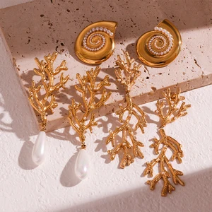 Luxury Coral Shape Pearl Earrings 18K Gold Plated Stainless Steel Waterproof Hypoallergenic Ocean Theme Party Jewelry Set for