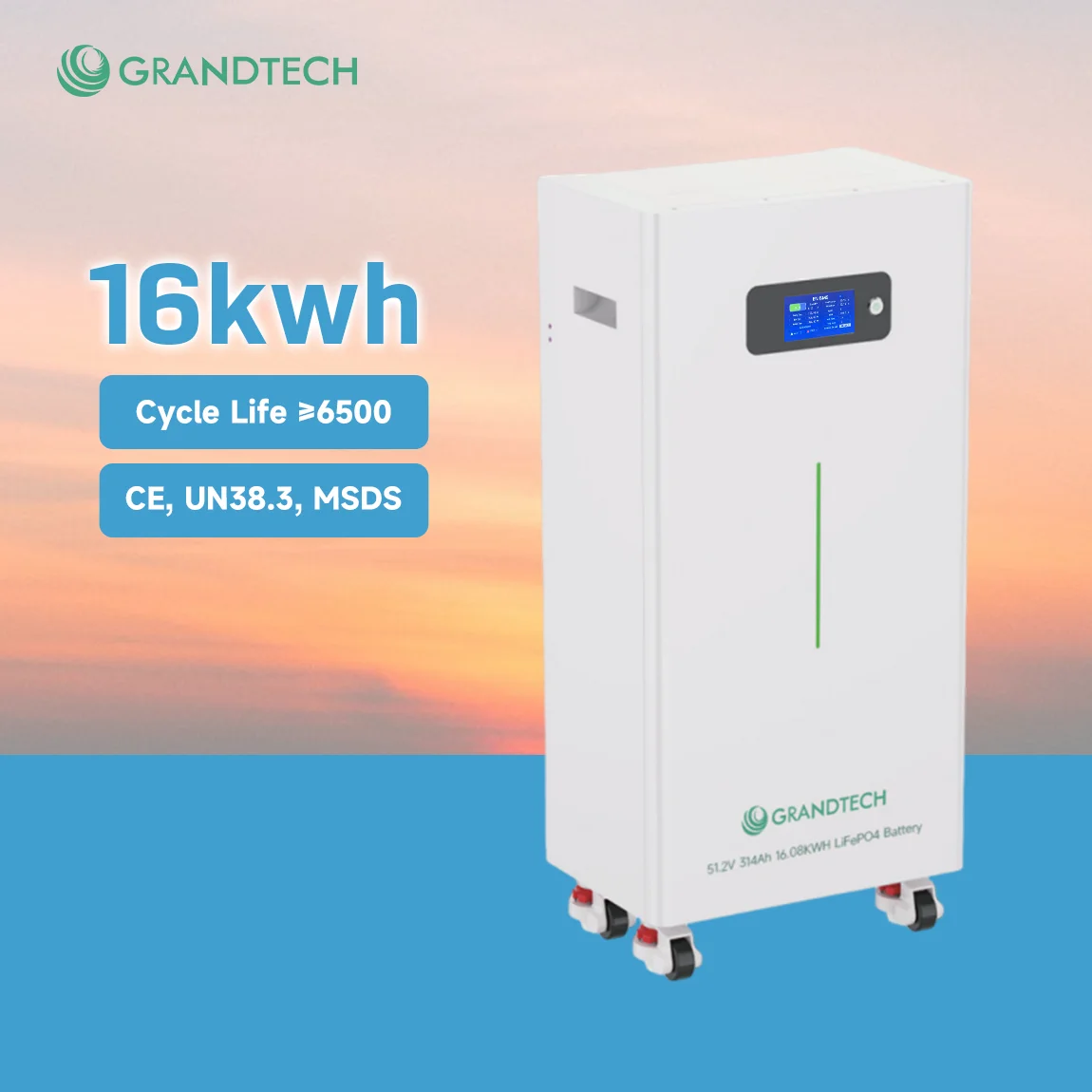 Grandtech Deep Cycle 6500 51.2V 314Ah 16kWh LiFePo4 Battery Home Energy Storage Powerwall LFP Battery with WiFi