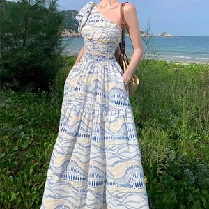Wholesale 2026 Spring New High Quality and Elegant Style Slant Neck Off Shoulder Waist Slimming A-line Printed Women's Dress