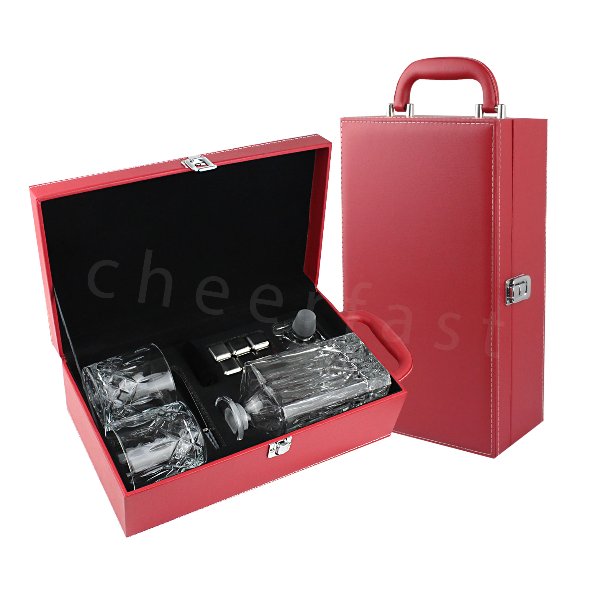 Wholesale Customize Modern Whiskey Decanter Gift Set With 2 Glasses Men Whiskey in Pu Leather Box Liquor Blank Whiskey Decanter