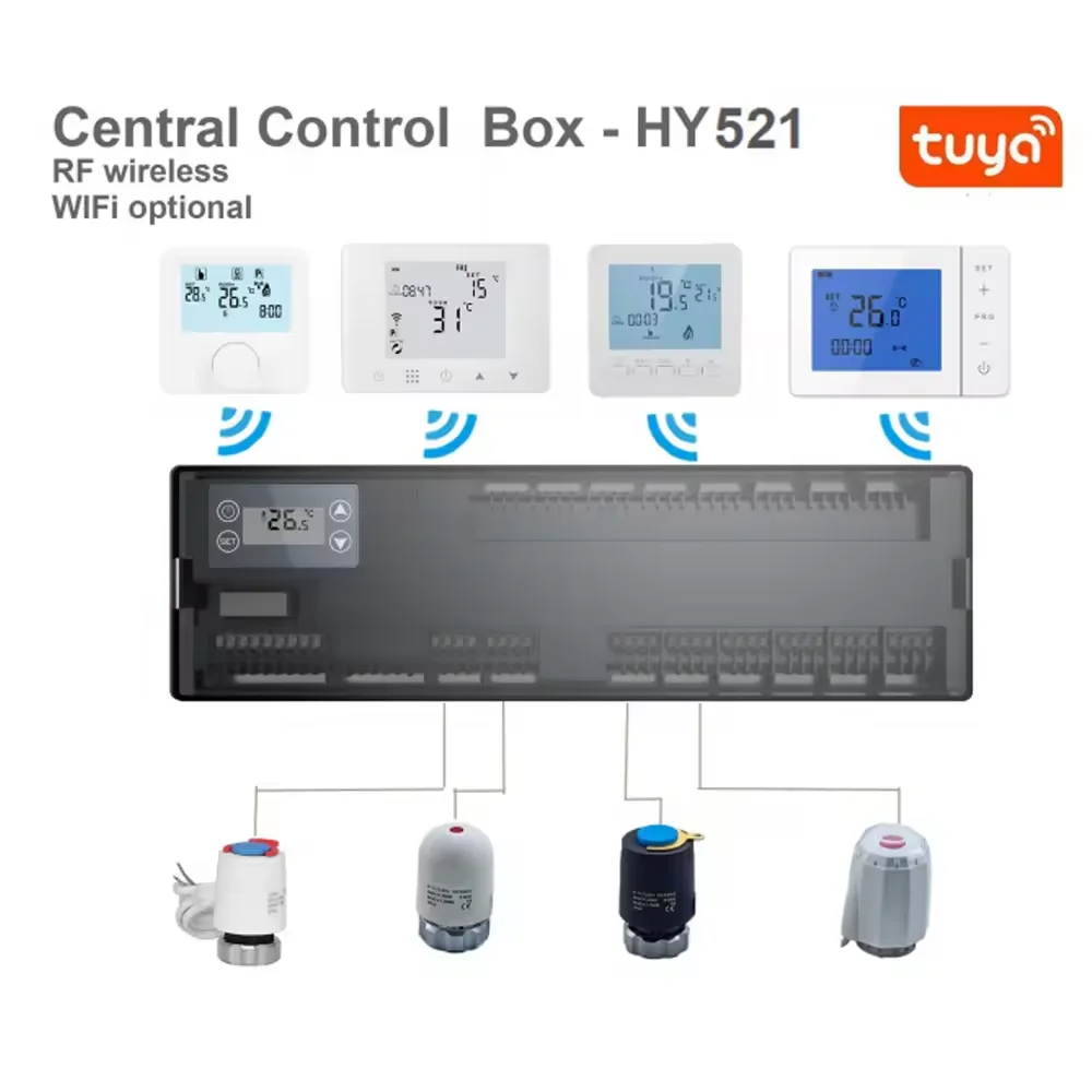 HY521 Thermostatic  Heating Temperature Controller Remote Control 8 Way Smart Wired Room Central Box for Thermal Actuator