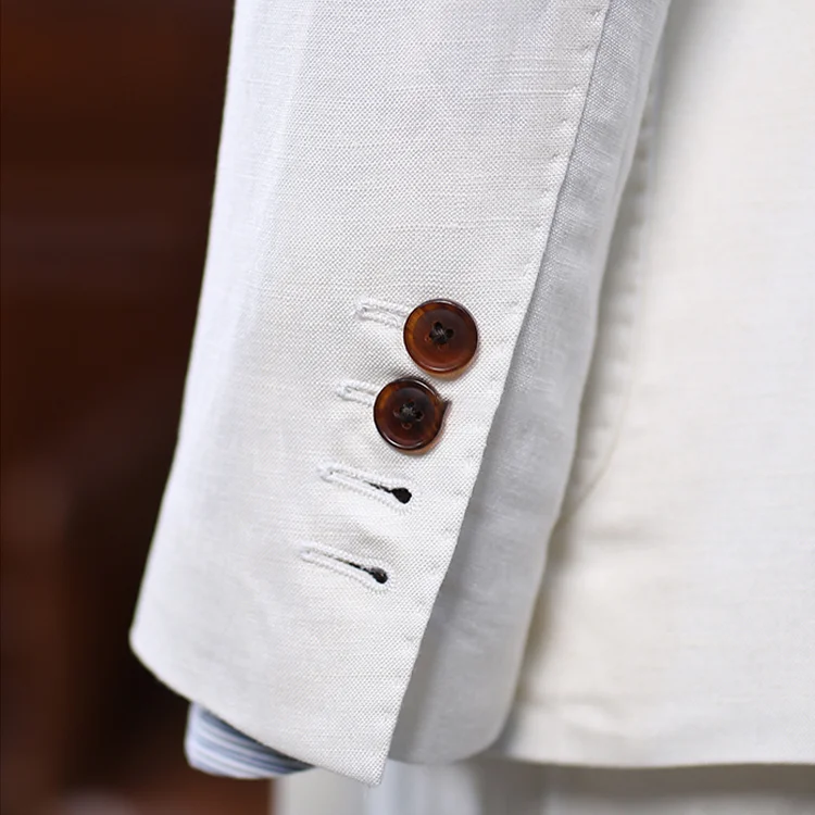 Retro Style Plain Linen Cotton Blend Double Breasted Wide Peaked Lapel 2-Piece Men's Suit