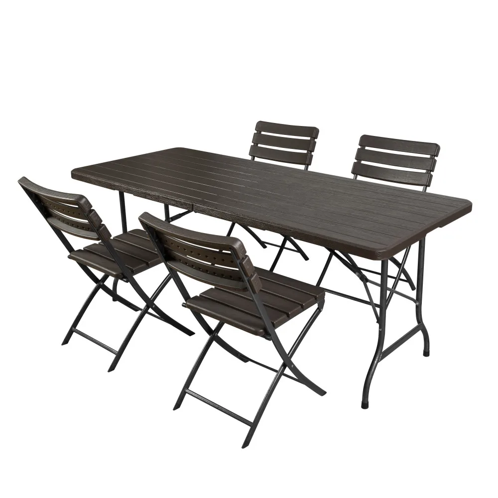180Cm Brown HDPE Folding Plastic Wooden Look Garden Dinner Tables and Chairs Set