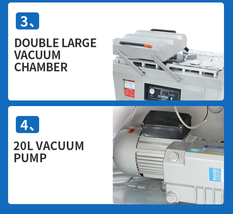 DZ-600 Customized Vacuum Pumps Seal Bars Machine Housing Flatbed Double Automatic Chamber Vacuum Sealing Packaging Machine factory