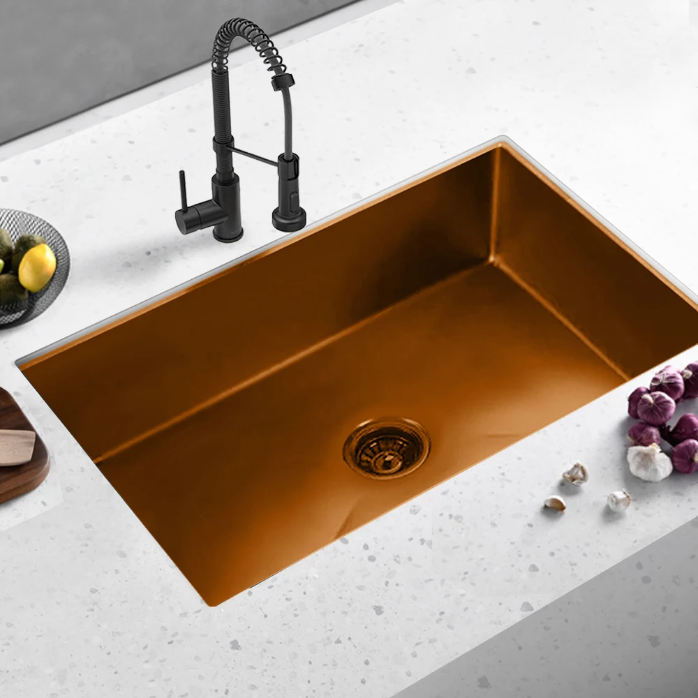 cupc玫瑰金pvd不锈钢纳米单碗下装矩形水槽厨房