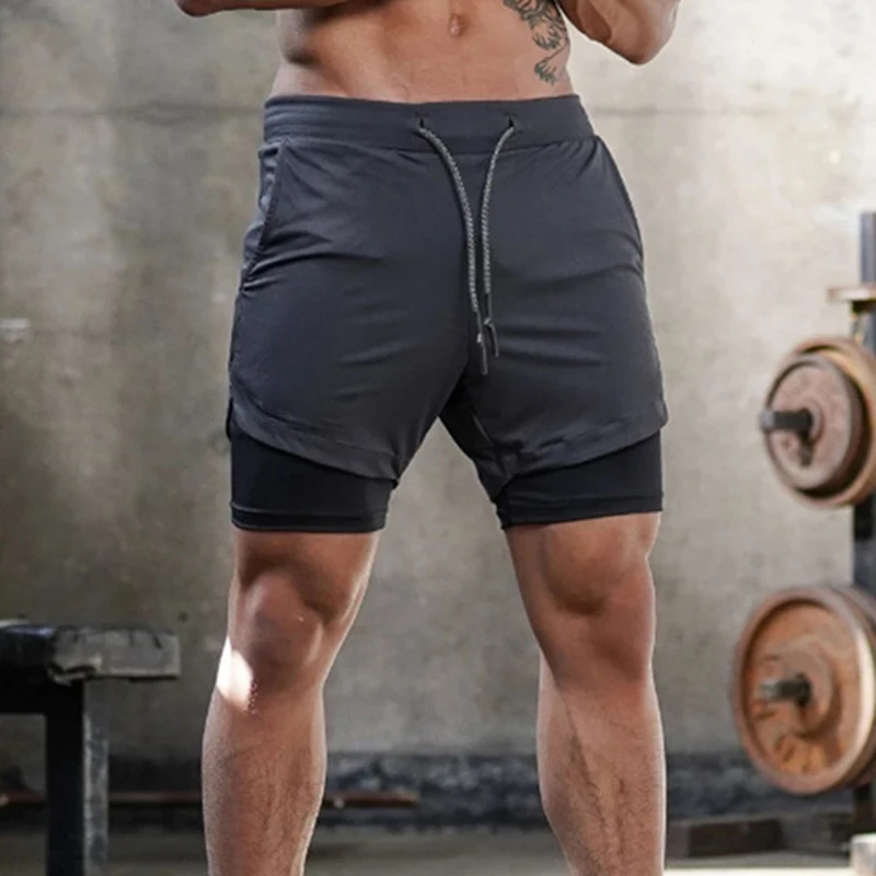 2in1 Soft Men Fitness Shorts Short Pants Breathable Quick-Drying Stretchy Bottom 