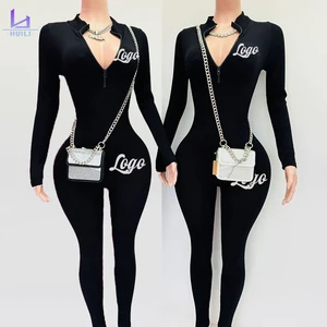 Huilil Oem Stand Collar Bodycon Legging Activewear Custom Logo Women's Ribbed Workout Set Sports Bodysuits&jumpsuits with Zipper