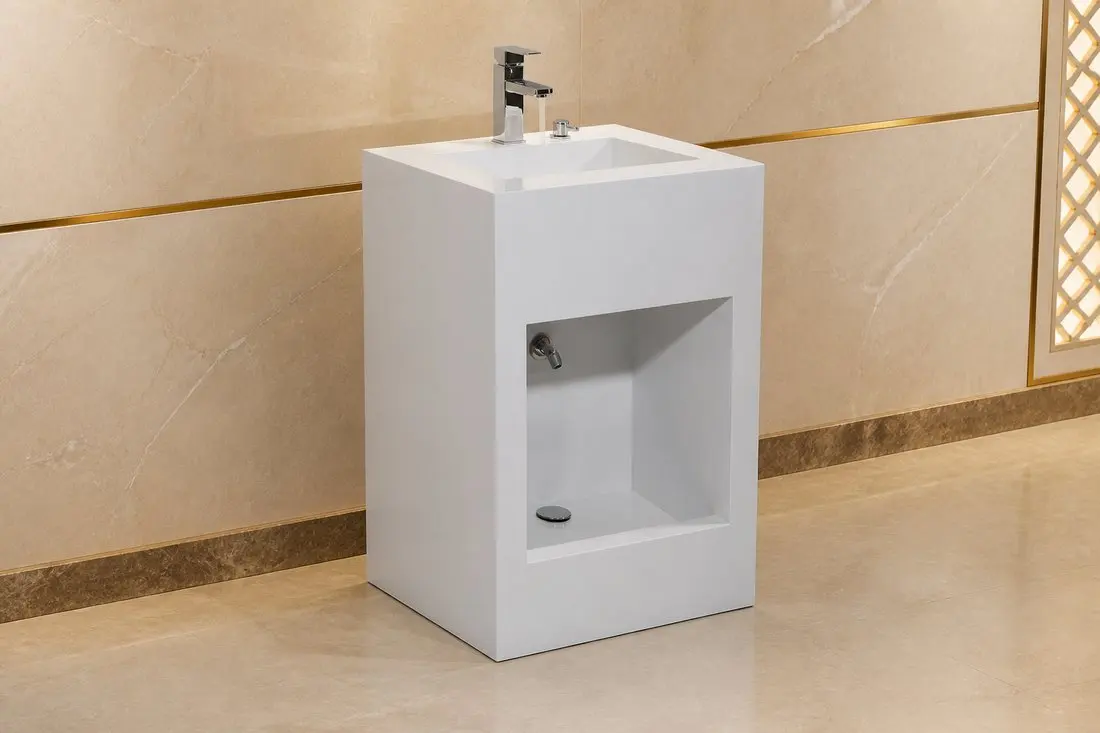 info-1-1 Modern floor-standing wudu basin row in a renovated mosque washroom