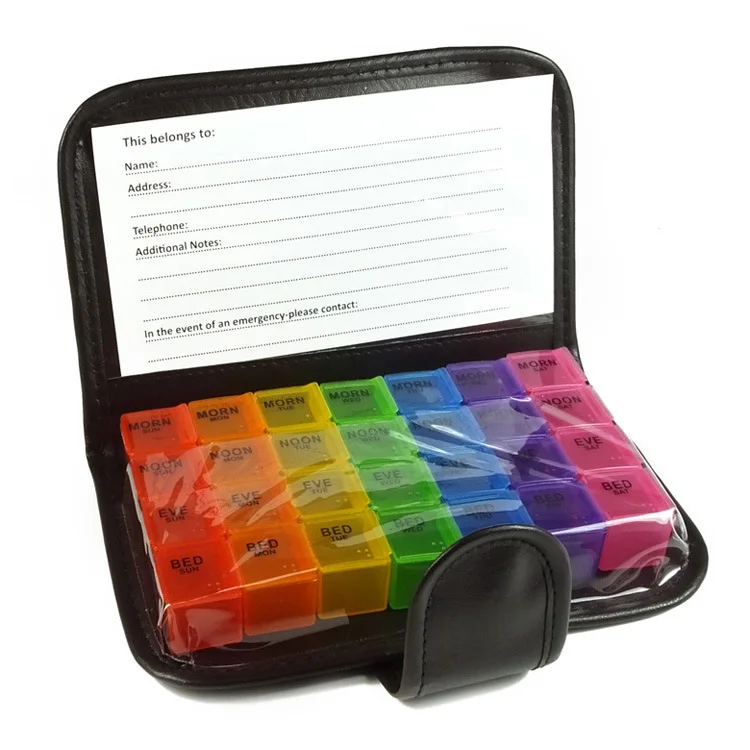 28 Compartments Weekly Monthly Am Pm Medicine Storage Manufacturer Directly Sale rainbow 7 Colors Pill Box with PU Bag Notebook