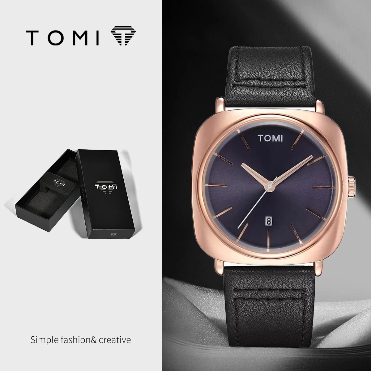 TOMI Business Quartz Watch, 42mm Alloy Case, Leather Band, Day