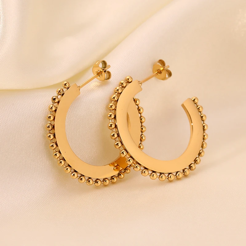 Stainless Steel Gold Plated Hoop Earrings Simple Round Beads Flat Back ...