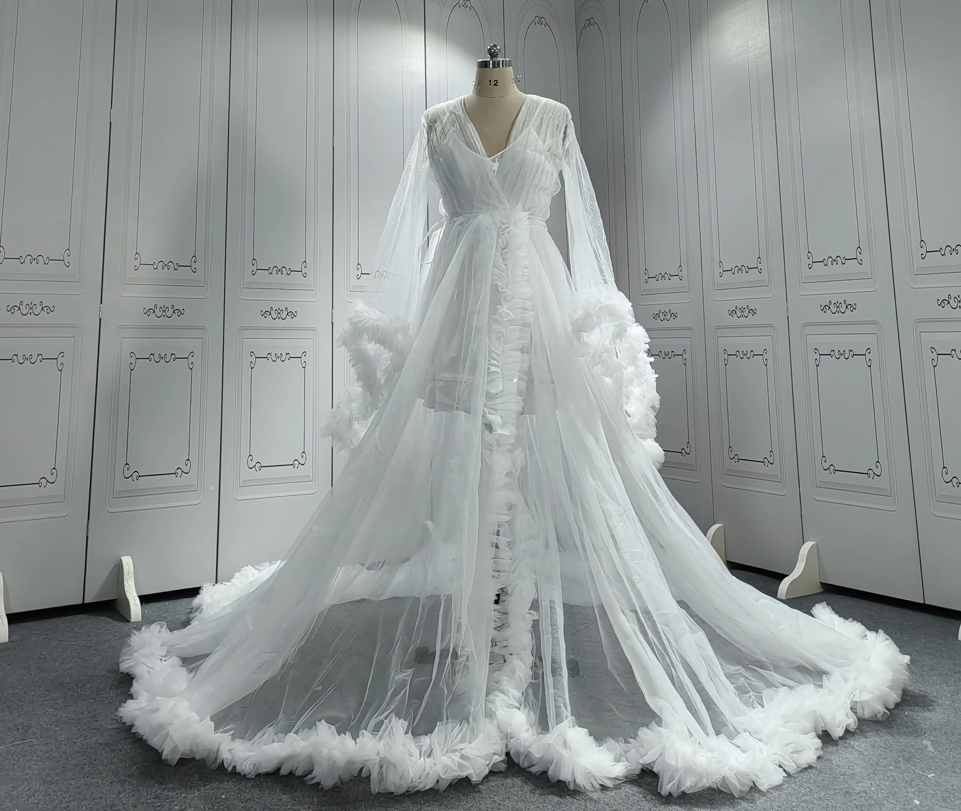 Tulle Nightgown Robe Fluffy Latest Long Luxury Mesh Sexy Ruffle White Fancy  Wedding Robes for Bridal