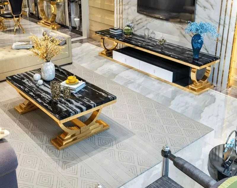 Журнальный столик для гостиной с золотистой рамой из нержавеющей стали мраморный стол Диванный и ТВ-подставка набор