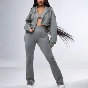 Custom Logo 100% Cotton Heavyweight Hooded Tracksuits Legging 3 Piece Set Blank Crop Top Zip up Hoodie & Flare Sweatpants Women