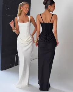 Ruched Sexy Maxi Dress Women Elegant Tapered Straps Sleeveless Bodycon Club Party Evening Long Dress