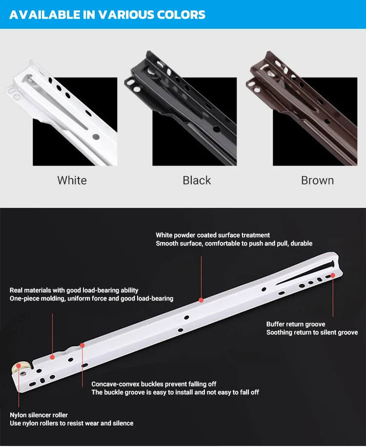 Drawer Slides Bottom Mount White Powder Coat Roller Drawer Runners For