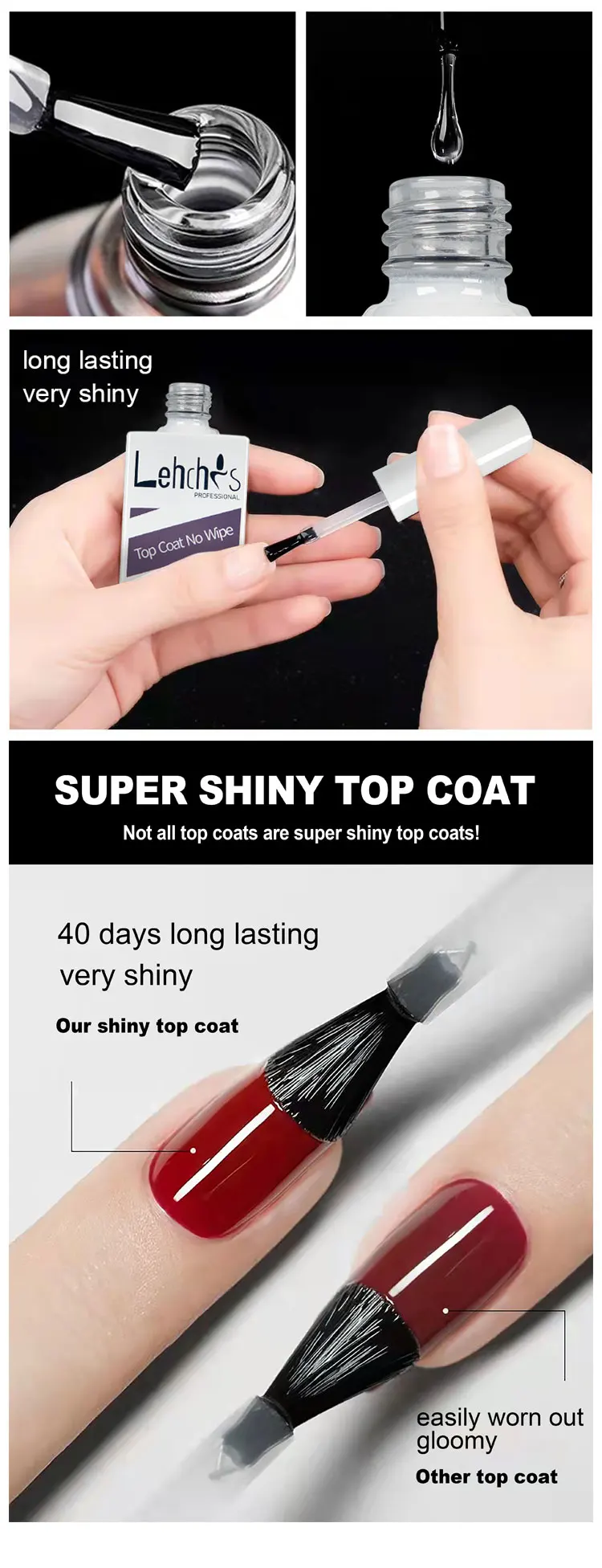 50ml High Quality Led Non Toxic Clear Glossy Topcoat Nail Polish Gel