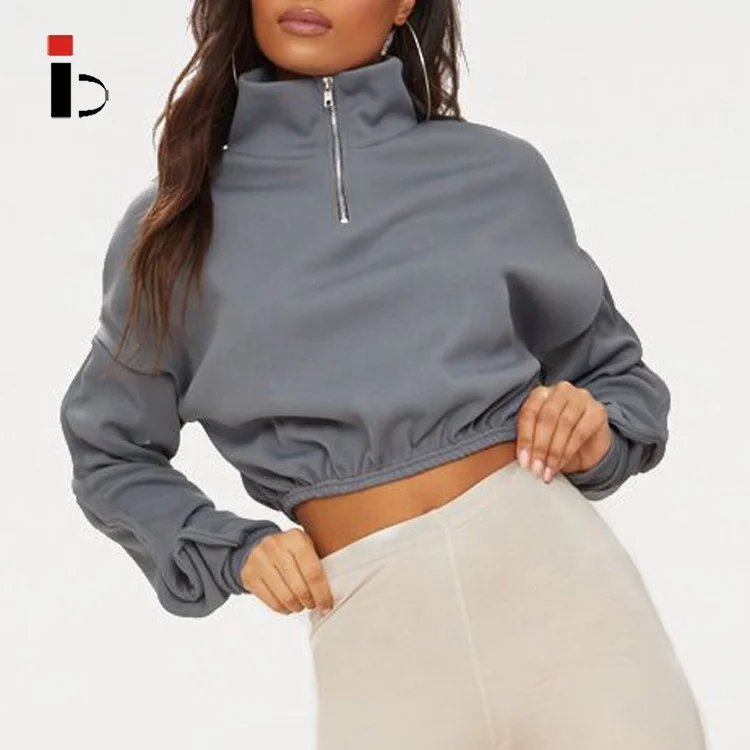 Custom Grey Rib High Neck Front Half Zip Long Sleeve Crop Top Hoodie for Women