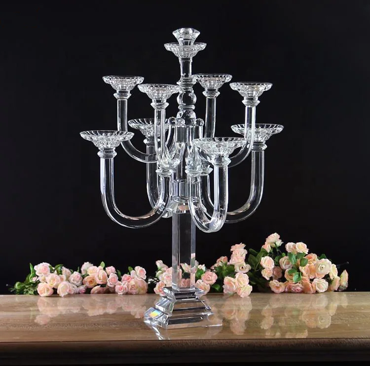 Porte-bougie en verre cristal luxueux haut de gamme avec 9 bras, transparent, poignée longue, pour décoration intérieure, fête, mariage