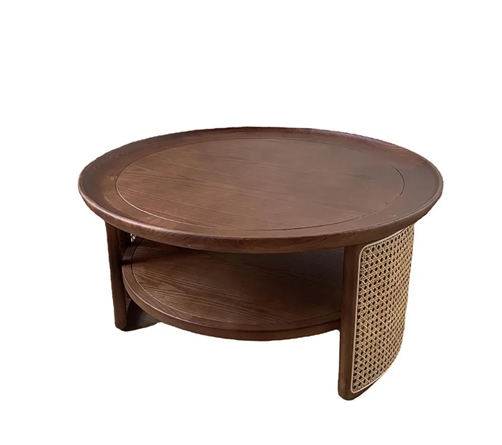 Solid Wood Vintage Round Coffee Table Wood Top Rattan Double Layer