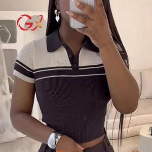 GX8102 Fashion 2026 Summer Blouse Turn Down Neck Color Patchwork Knitted Tops Short Sleeve Knit T-shirt Women