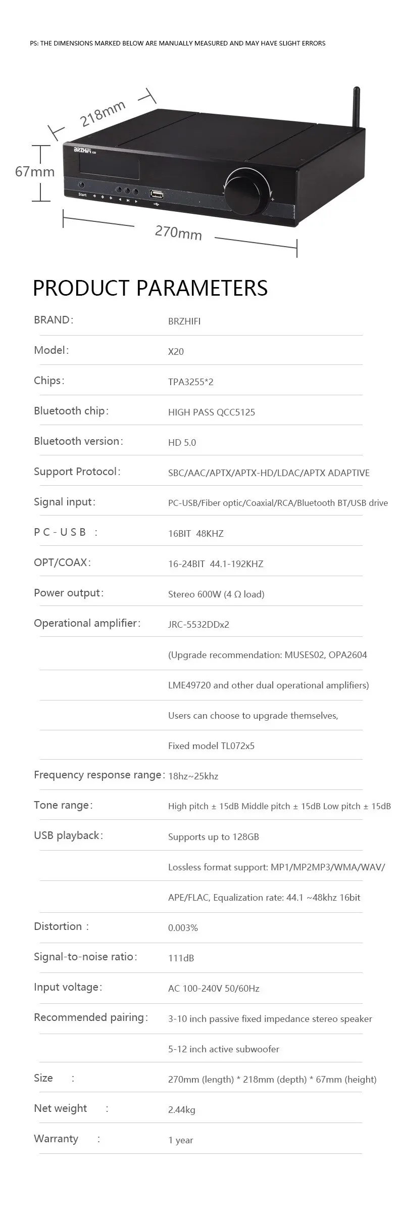 BRZHIFI TPA3255 dual-core HIFI X20 amplifier 600W high-power USB drive player BT audio suit factory