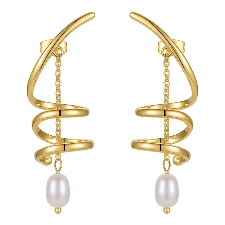 High Quality 18K Gold Plated Brass Jewelry Spiral Natural Pearl Pendant Drop Earrings E211292