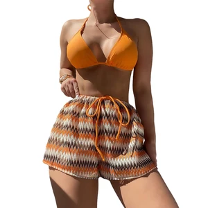 New Three-piece Women Swimsuit Manufacturer Basic Bikini Set Halter-neck Print Beach Short Coverup