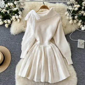 Autumn Gentle Knitted Dress Off Shoulder Turn Down Collar Long Sleeve Bow Lace up Design Women Sweater Pleated Dresses
