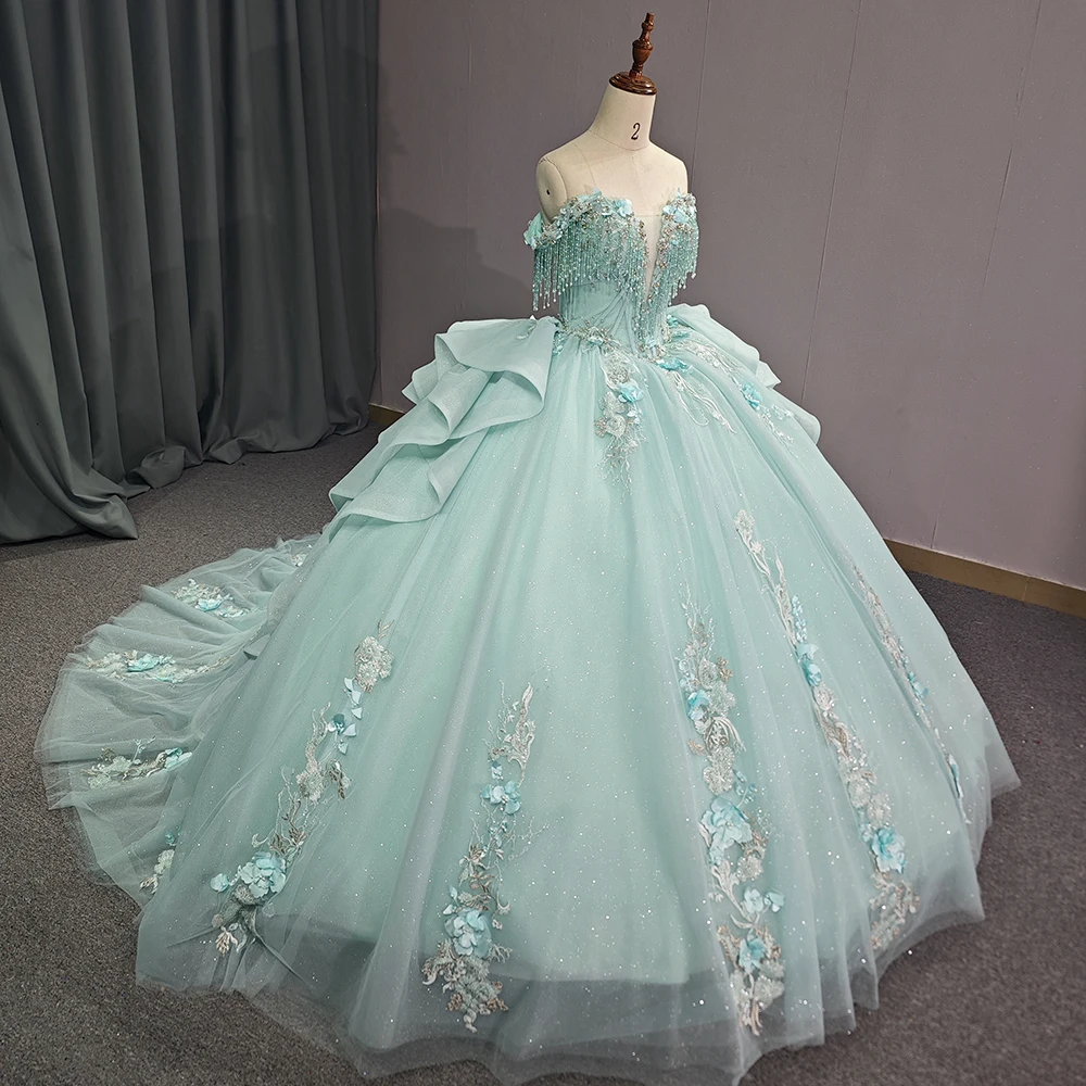 Mint Green Shiny Princess Ball Gown Quinceanera Dresses Sweet 15 Girls Off  Shoulder Appliques Beads 3D Flower Tulle 1195