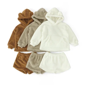 Custom Double Faced Velvet Cotton Baby Outfit Thick Winter Two Piece Hooded Kids Tracksuits Sets