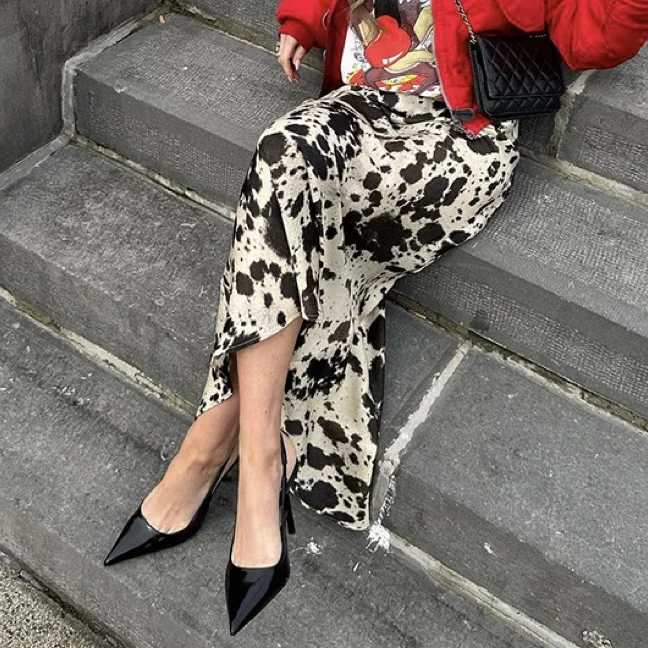 Enyami New Fashion Stretch Satin Leopard Print Half Skirts Summer Casual  Retro Chic High Waist Midi High Waist Fishtail Skirt
