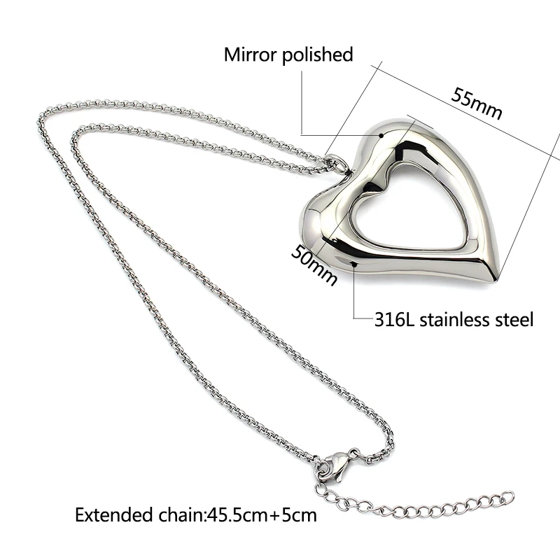 Stainless Steel Big Hollow Sweet Love Heart Pendant Necklace Punk Chunky Pendant Romantic 