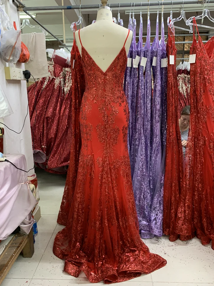 open lace back dress Zapaka Women Sparkly Red Mermaid Prom Dress with Beading Corset Strapless Ruched Long Party Dress with Slit, Red / US14