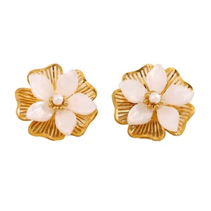 MW Women's Elegant Dainty Stainless Steel Shell Flower Double Layers Stud Earrings Trendy Gold Plated Accessories & Jewelry