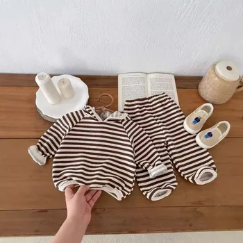 Spring and Autumn Korean Version Ins Baby Suit Toddler Casual Set Loose Striped Hooded Sweatshirt and Long Pants Two-piece Set